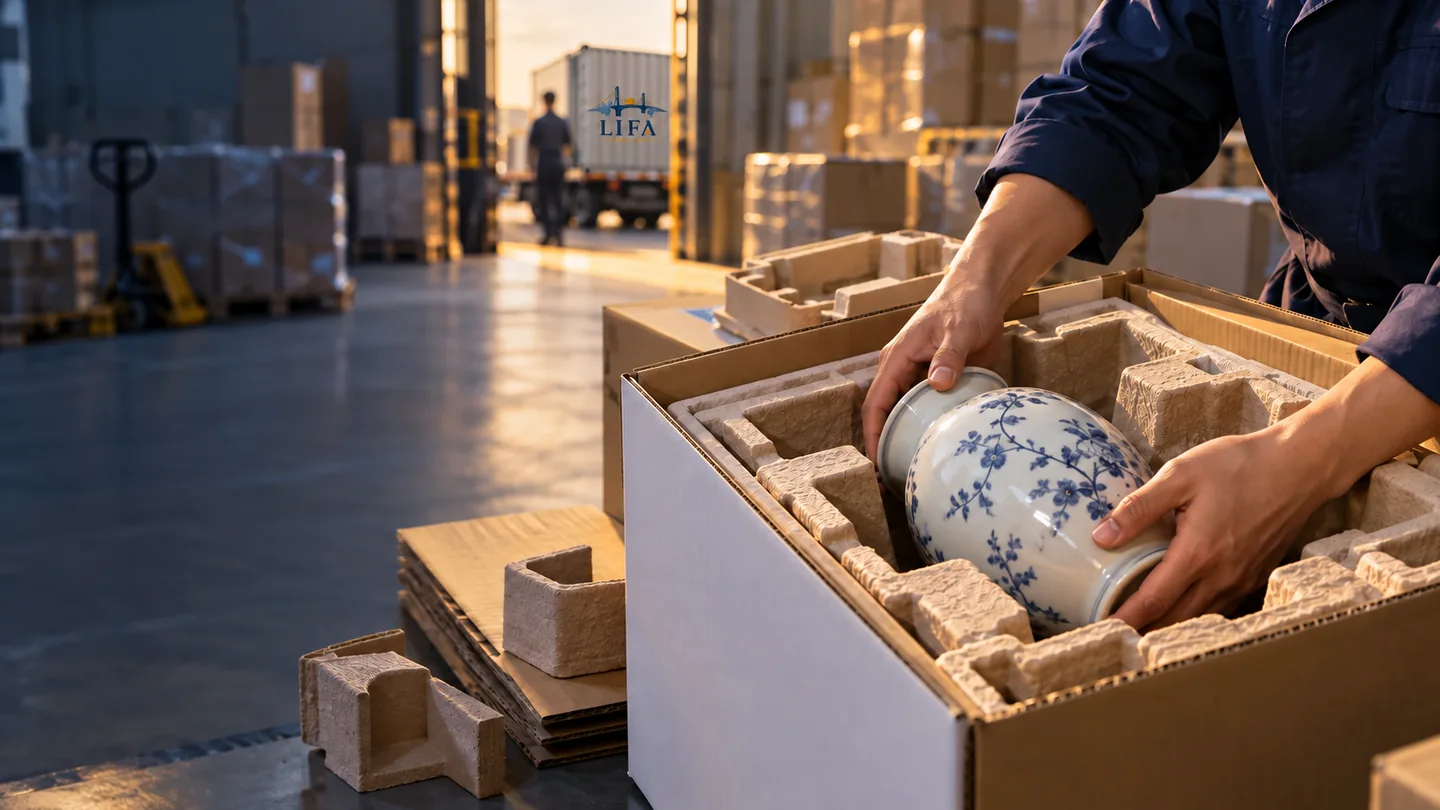 Illustrative scene: A ceramic vase fitted into molded-pulp protection inside a carton