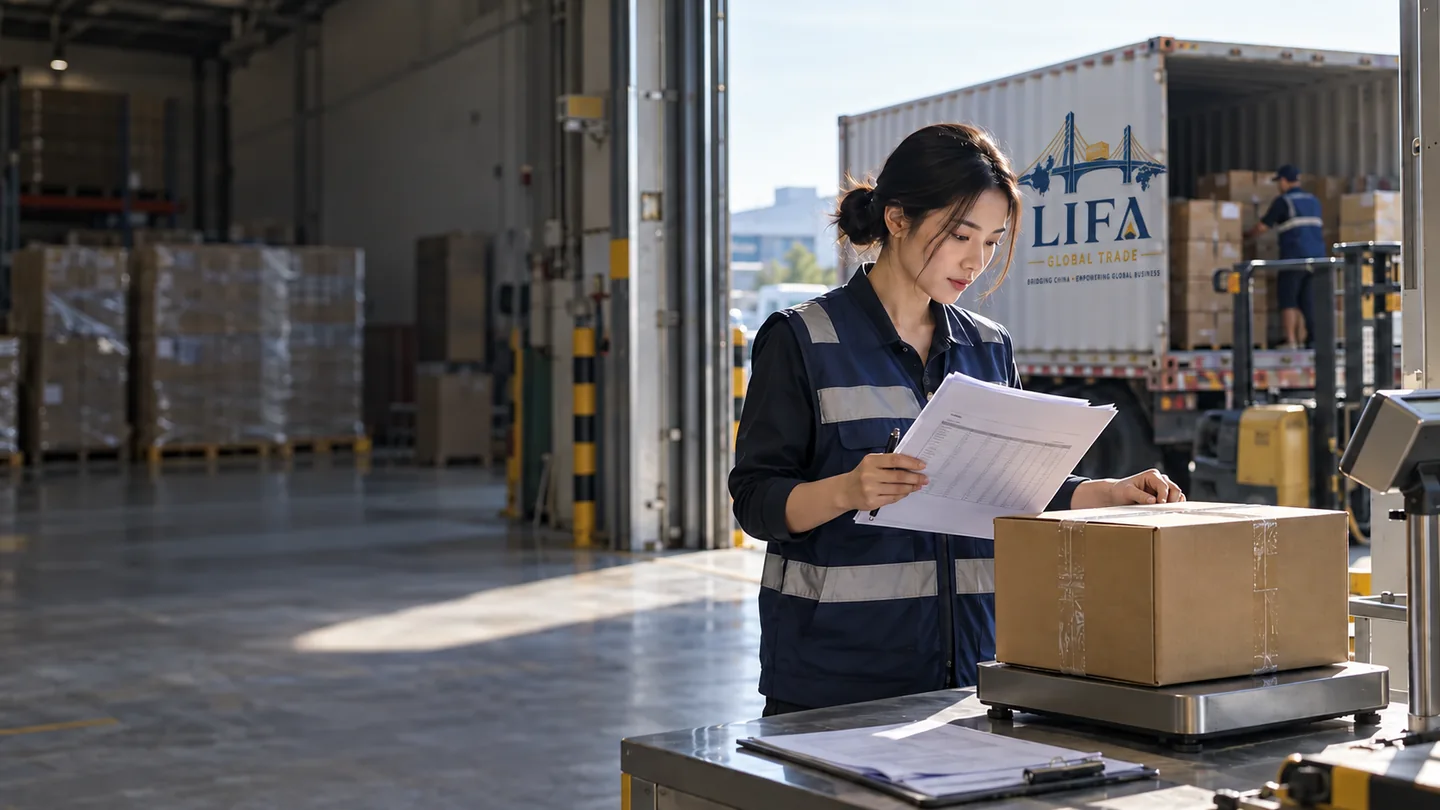 Illustrative scene: Shipment documents checked beside a packed carton and weighing station