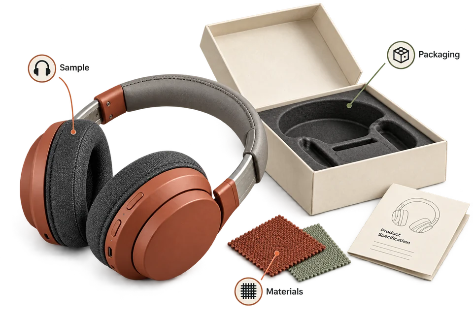 Illustration of terracotta headphones, material swatches and fitted packaging connected to a product specification