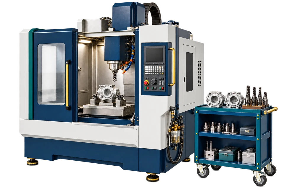 Illustration of CNC machining center with a secured metal housing, visible spindle and matching parts on a tool trolley