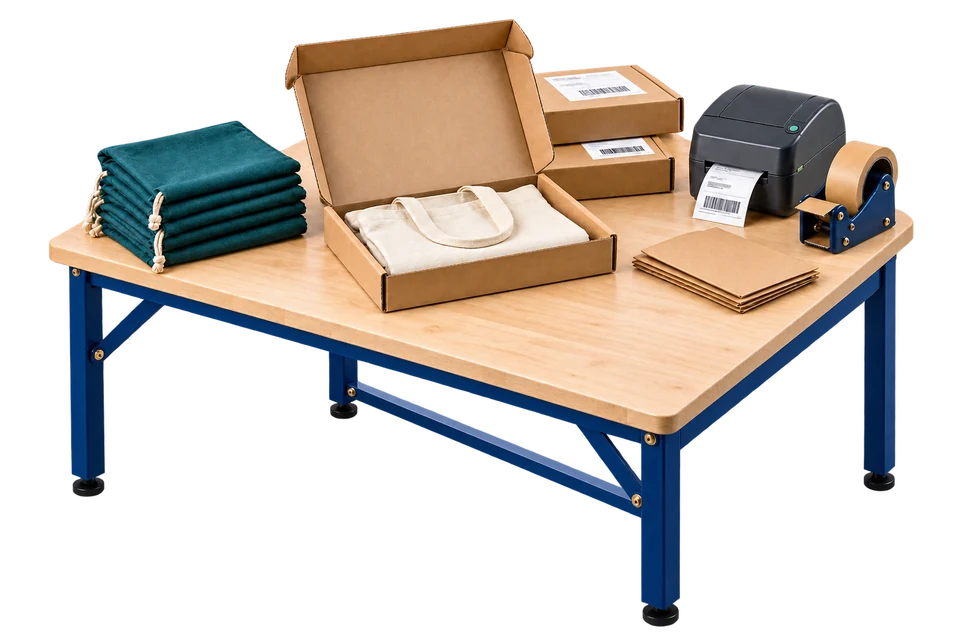 Illustration of order-packing bench with a canvas tote in a fitted mailer, folded fabric pouches, labeled parcels, a thermal label printer and tape dispenser