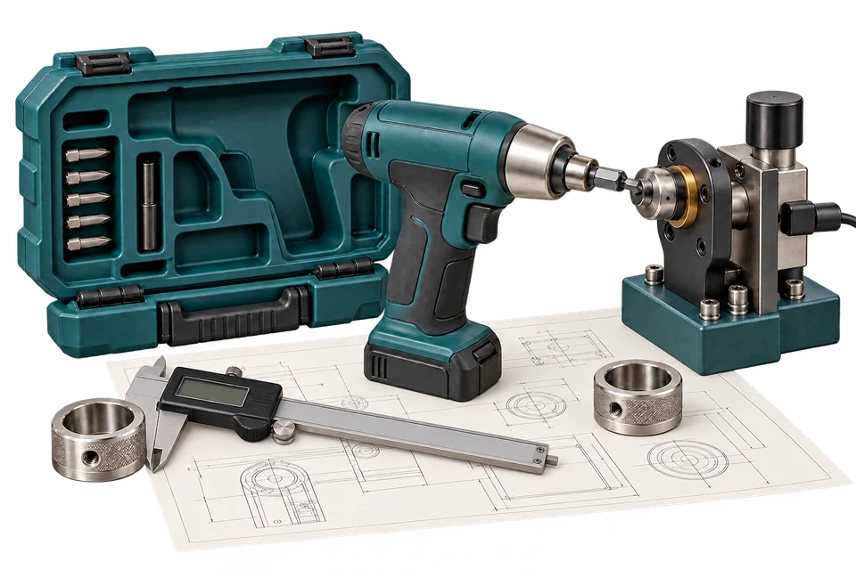 Illustration of cordless screwdriver aligned with a torque-test fixture beside precision calipers, machined collars, a drawing and fitted protective case