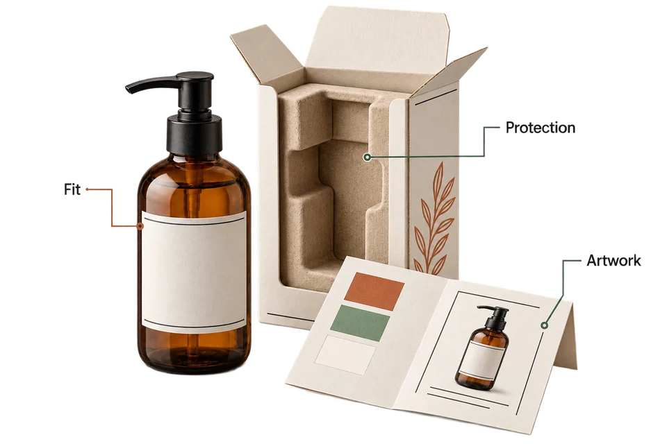 Illustration of an amber dispenser, fitted protective packaging and a color proof showing fit, protection and artwork