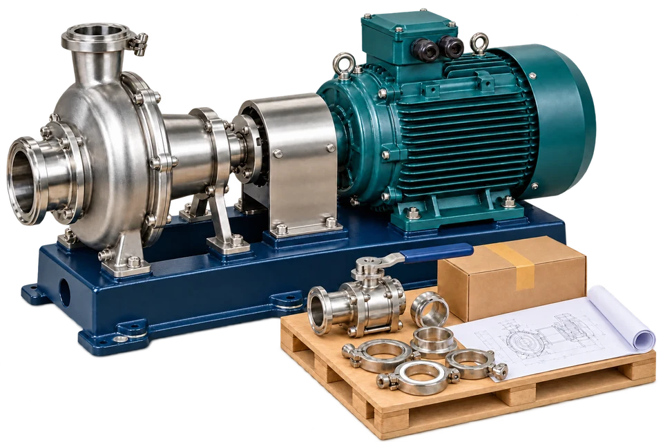 Illustration of stainless process pump and electric motor on a shared base with matching valve, sanitary fittings and an engineering drawing