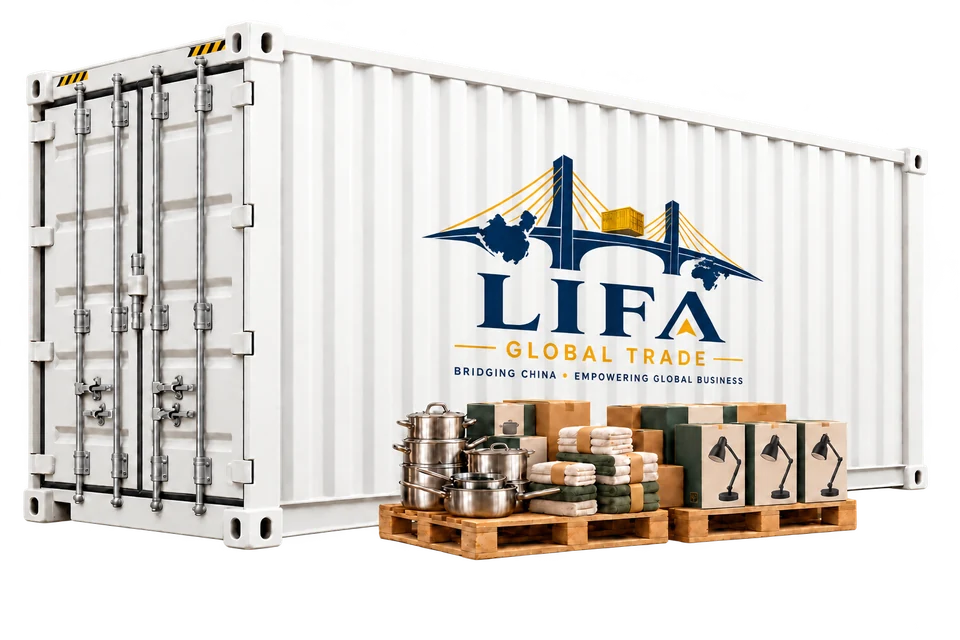 Illustration of white container carrying the official LIFA bridge logo with palletized retail cartons, cookware and folded textiles