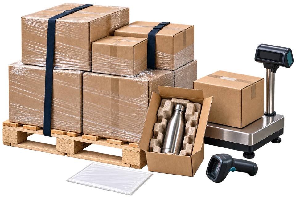 Illustration of stretch-wrapped and strapped cartons on a pallet beside a parcel scale, barcode scanner and steel bottle in fitted protective packaging
