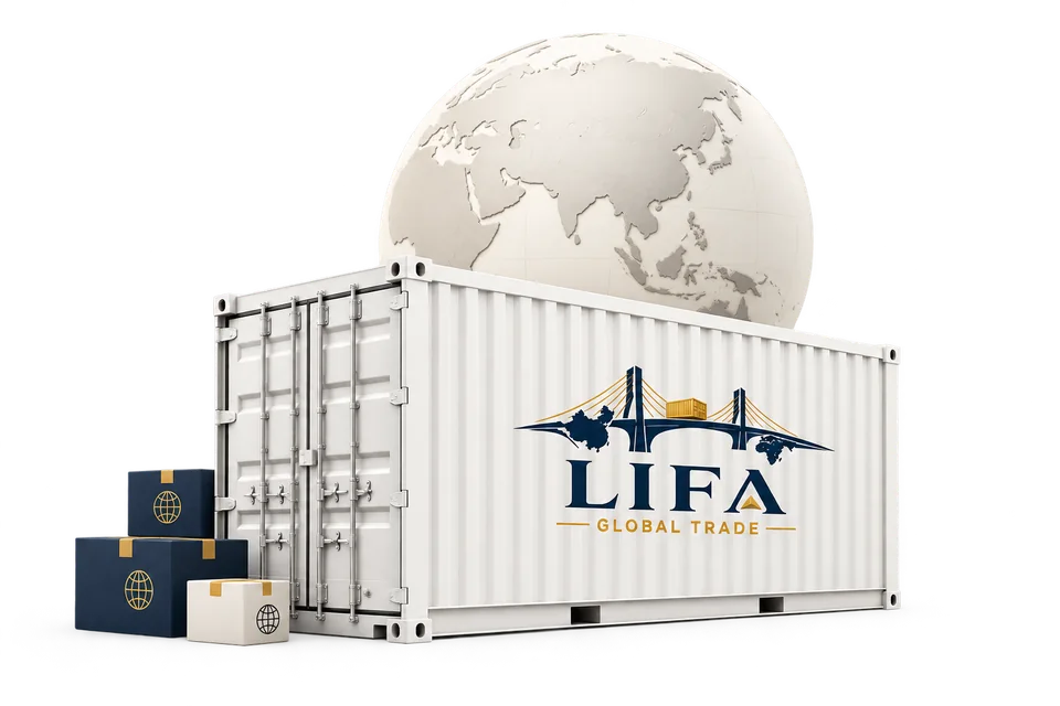 Illustration of a LIFA-branded shipping container, ivory globe and three export cartons