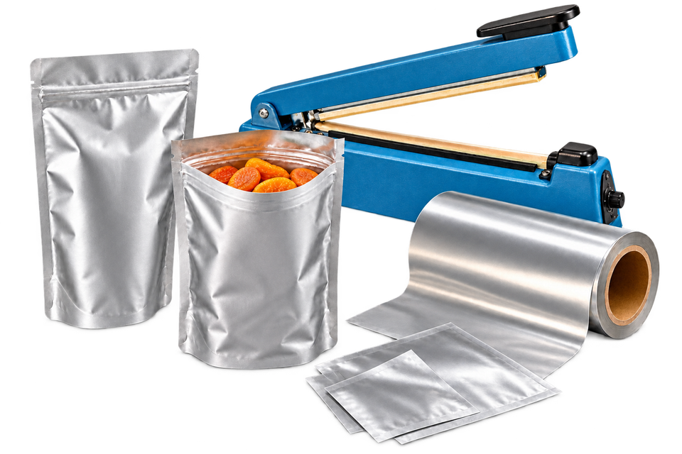 Packaging illustration showing silver zipper pouches, dried apricots, an impulse heat sealer, laminate roll and flat film samples