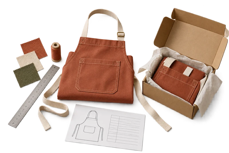 Canvas apron, fabric swatches, a specification drawing and a matching folded sample in protective retail packaging.
