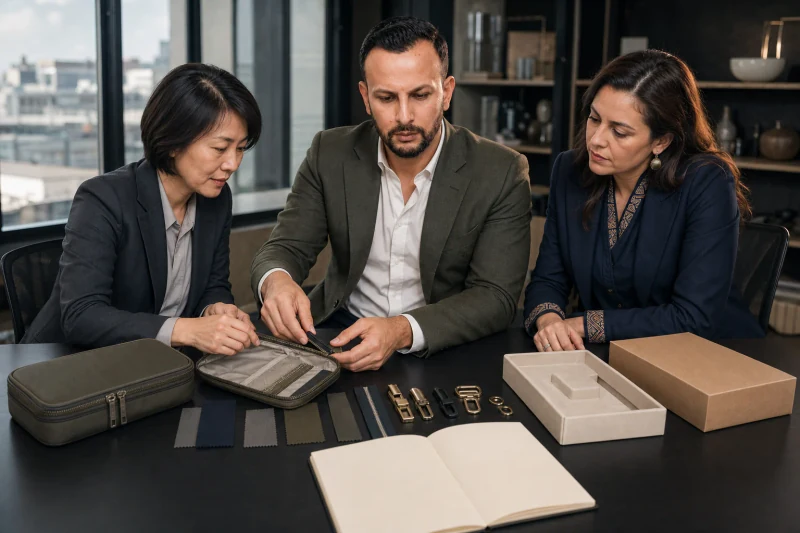 A sourcing team reviews an olive zippered product sample alongside fabric swatches, fittings and protective packaging.