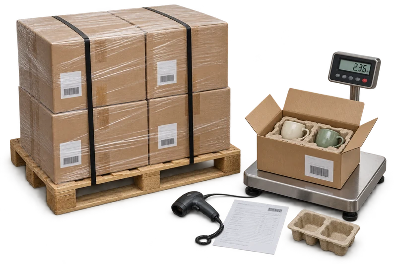 Wrapped and strapped cartons on a timber pallet, with ceramic cups in fitted protective packaging on a parcel scale, a barcode scanner and packing list.