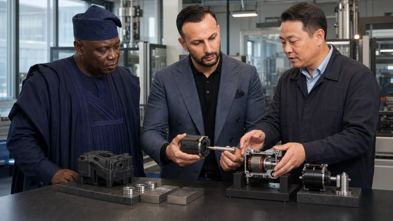 A motor housing, shaft and exposed winding assembly reviewed beside metal samples and machined components.