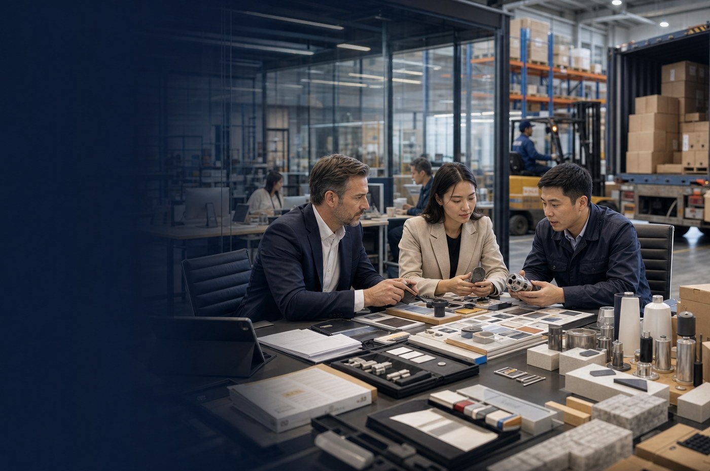 Importer and China-side supplier team reviewing samples before shipment