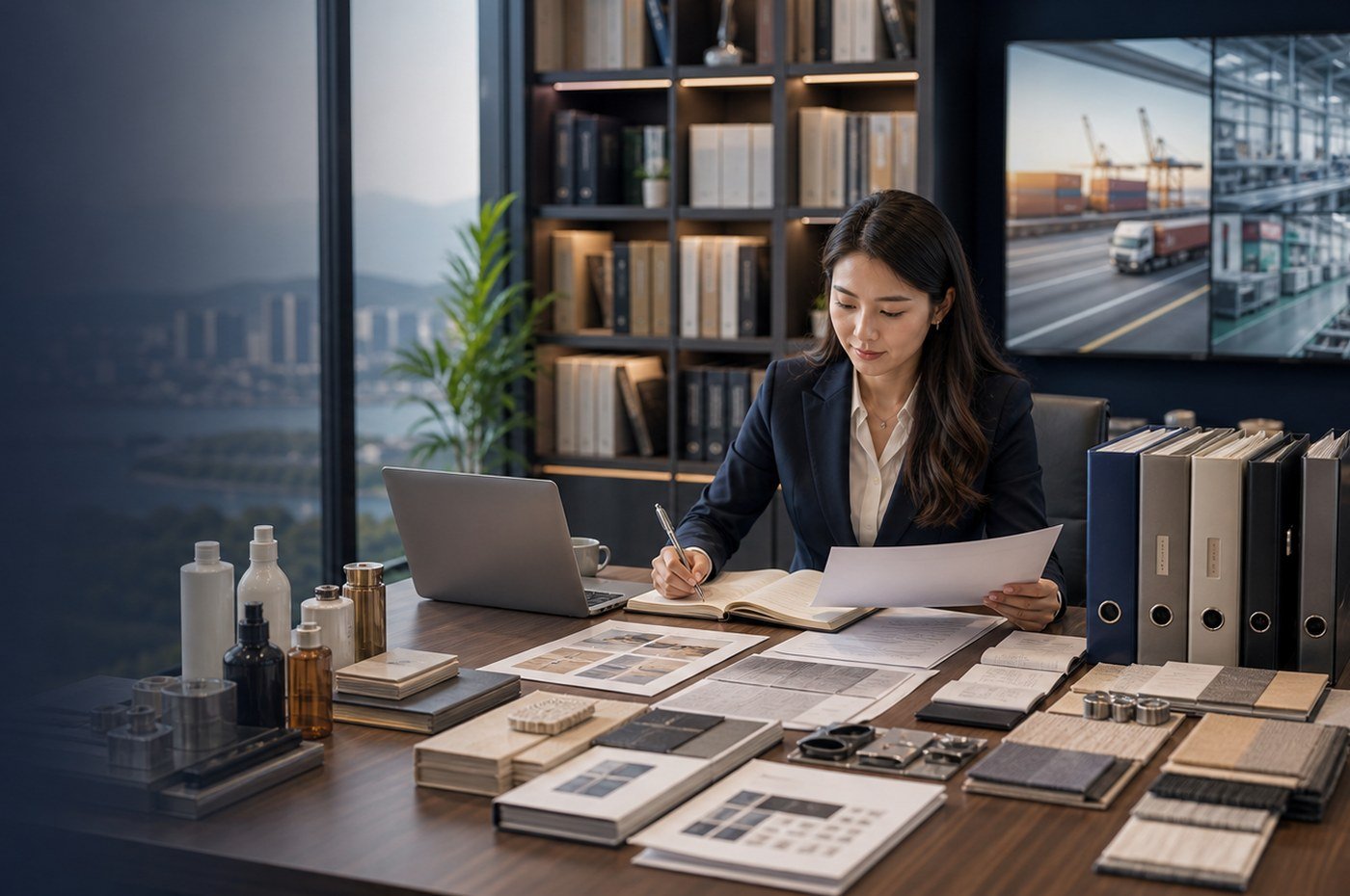 China sourcing guide notes with supplier documents, product samples, and buyer checklist