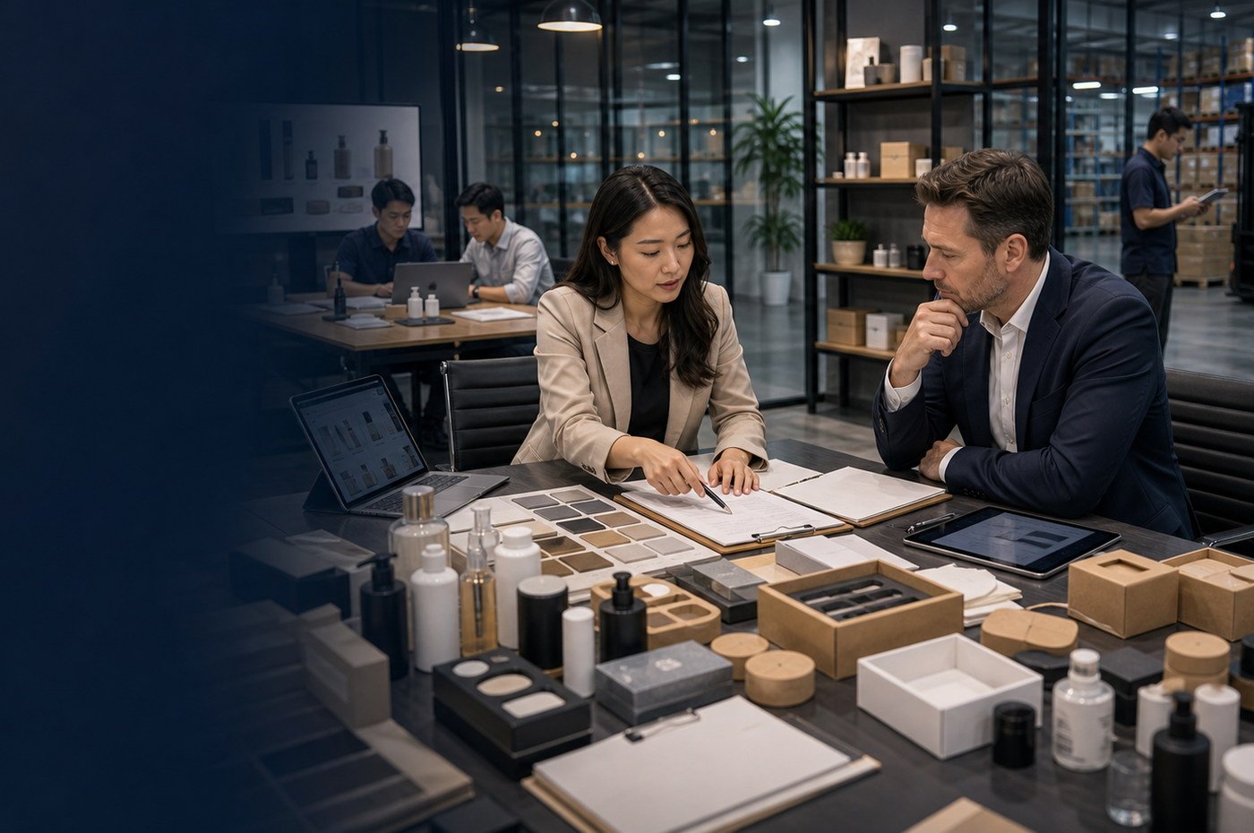 Supply chain planning desk with product samples, documents, and warehouse activity