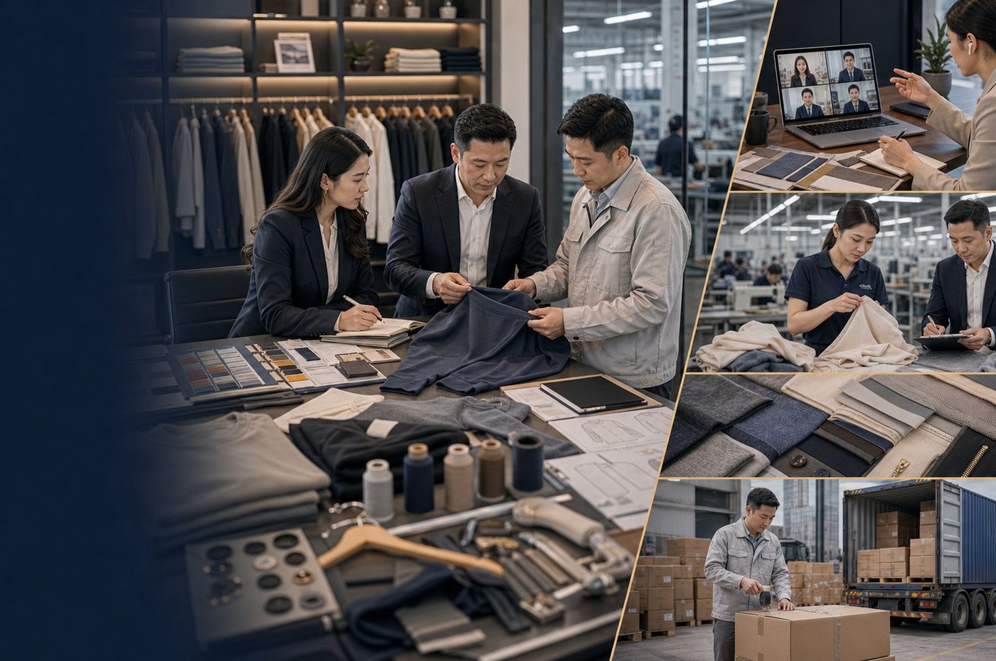 Apparel sourcing overview with garments, fabric swatches, trims, and supplier comparison notes