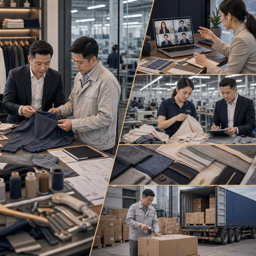 Supplier communication for apparel sourcing with tech pack, garment samples, fabric cards, and sourcing notes