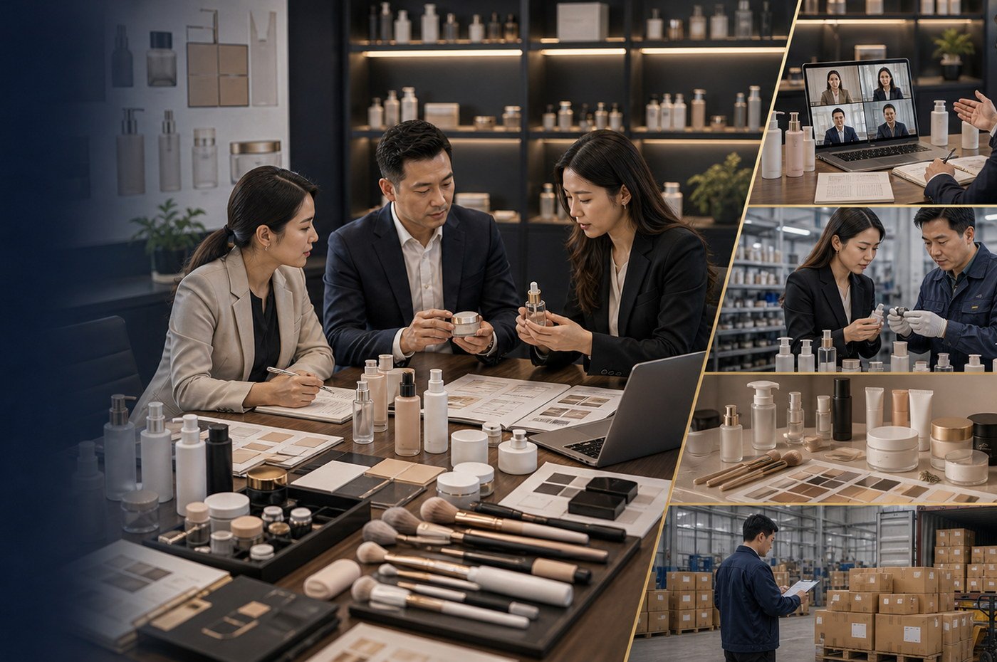 Beauty tools and cosmetic packaging sourcing overview with bottles, jars, brushes, sponges, samples, and supplier notes