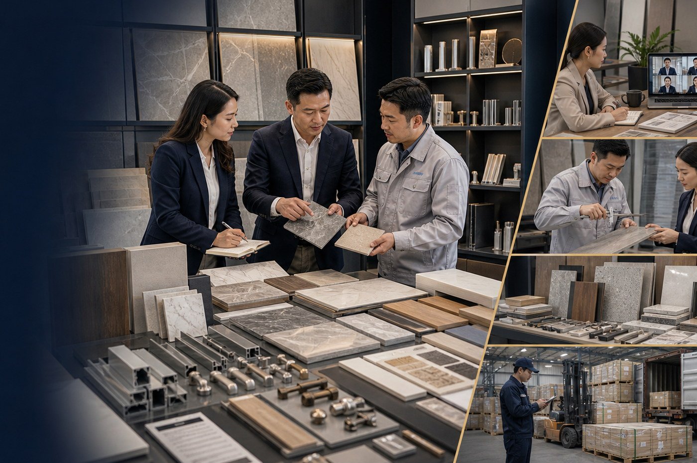Building materials sourcing overview with tiles, flooring samples, profiles, fixture samples, drawings, and supplier comparison notes