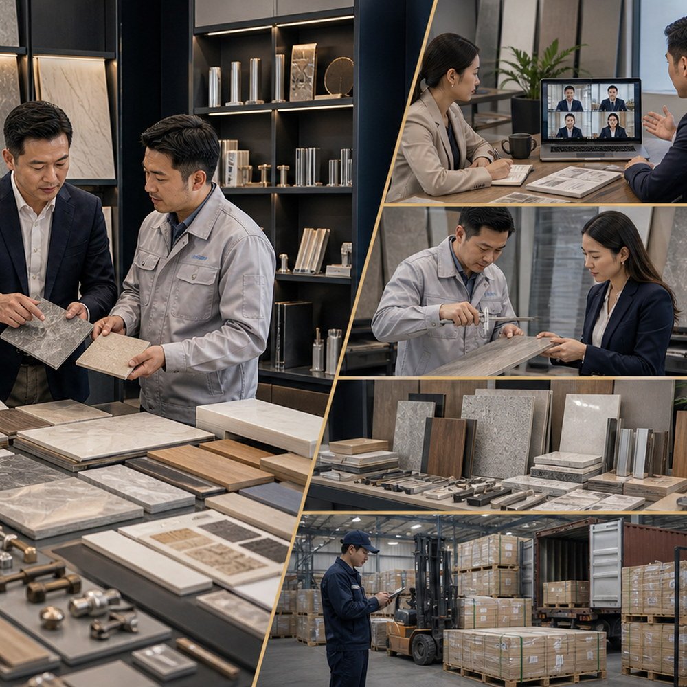 Supplier communication for building materials with drawings, tile samples, profiles, packaging notes, and quotation comparison