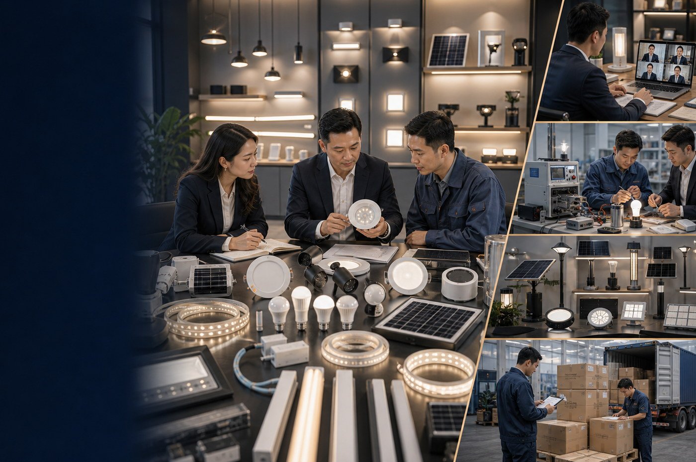 Energy and lighting sourcing overview with LED fixtures, solar light samples, drivers, battery notes, packaging, and supplier comparison