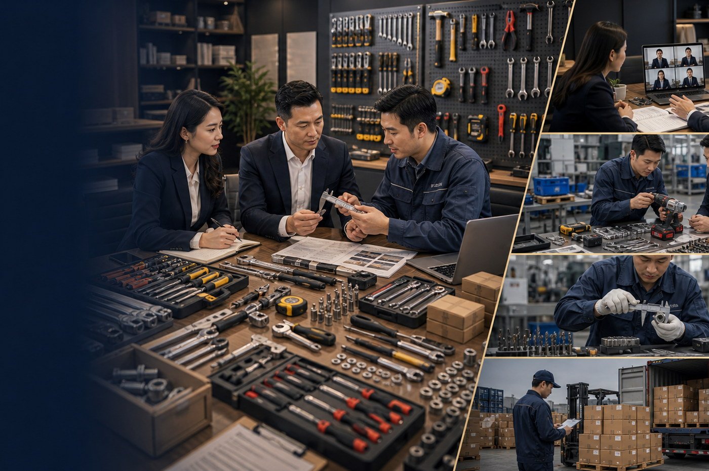Hardware and tools sourcing overview with tool samples, steel parts, measuring tools, packaging, and supplier notes