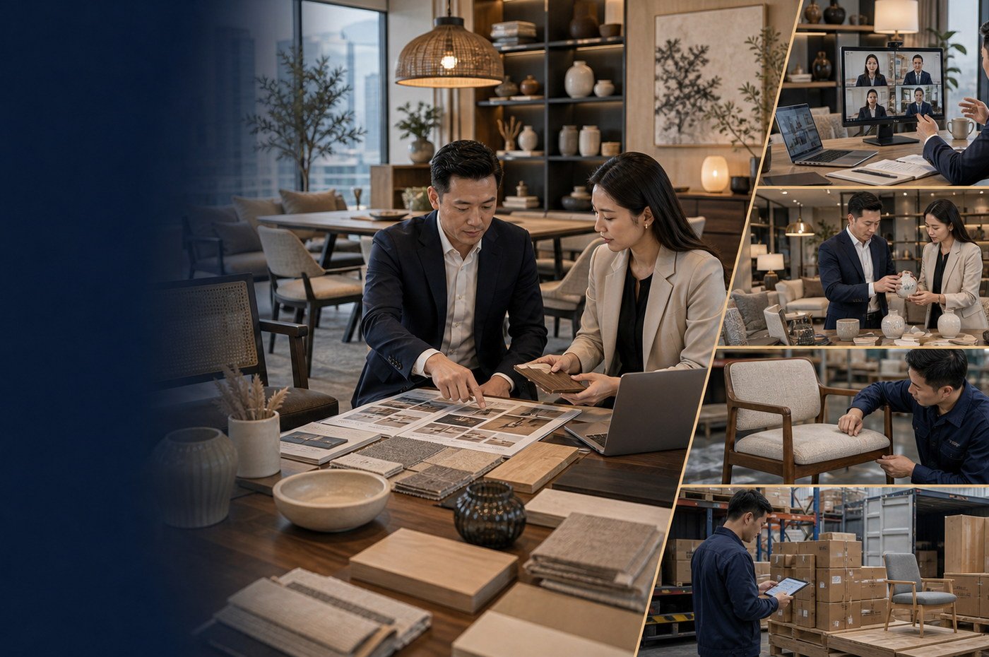 Furniture and home decor sourcing overview with material boards fabric swatches and product drawings