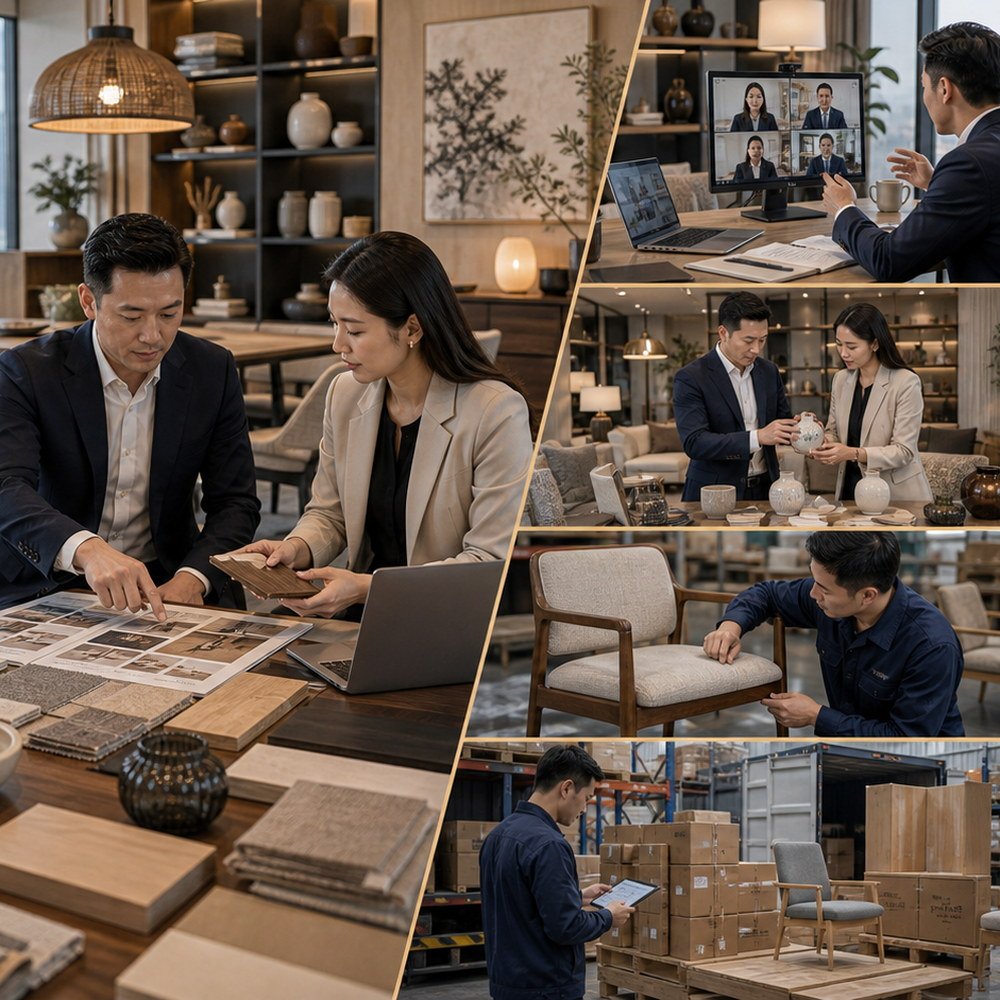 Supplier communication for furniture sourcing with material samples and quotation review