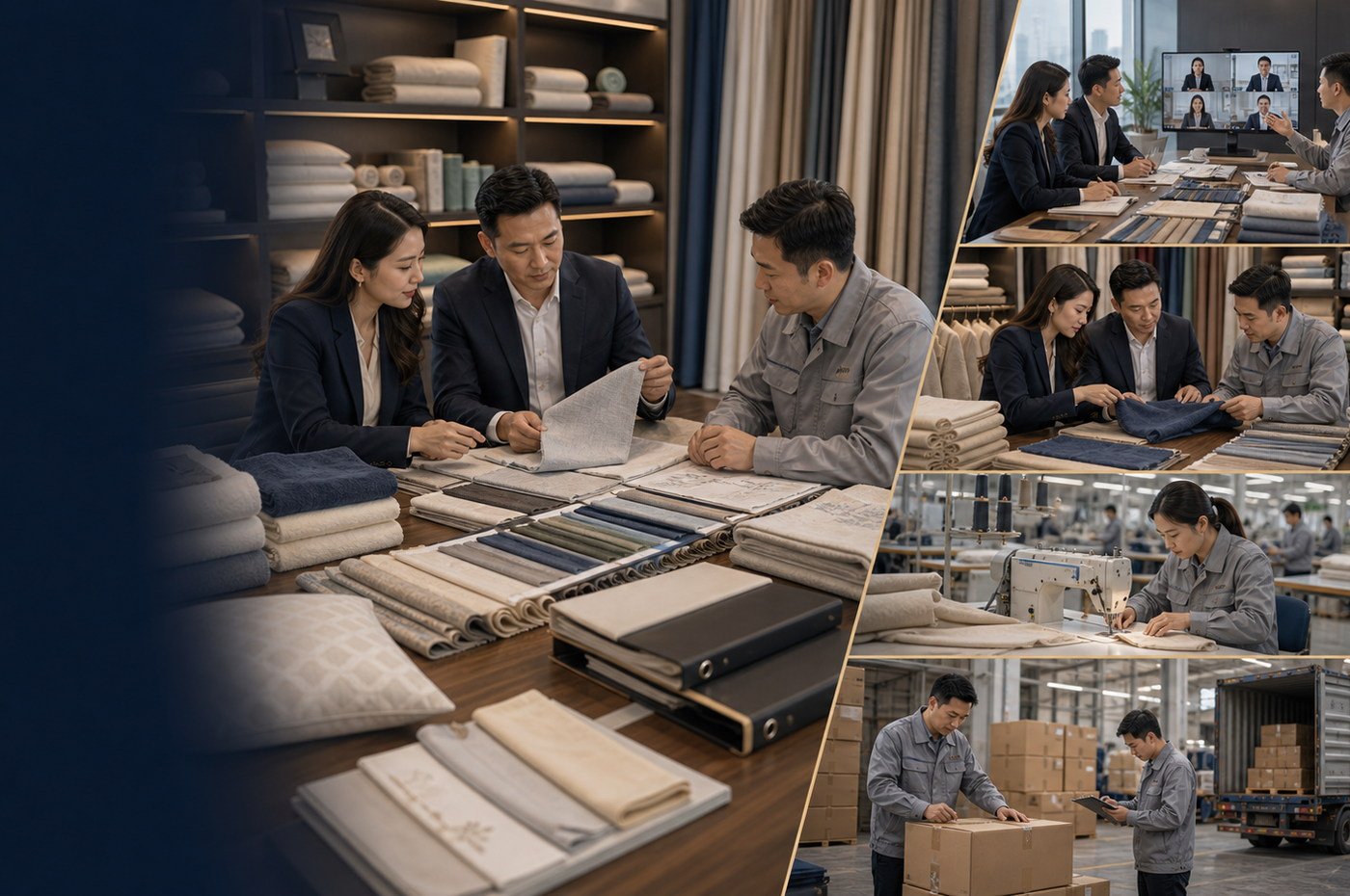 Home textile sourcing overview with bedding fabric swatches, towel samples, curtain materials, and supplier notes