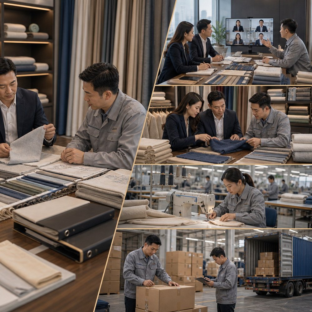 Supplier communication for home textiles with fabric samples, color references, and sourcing notes
