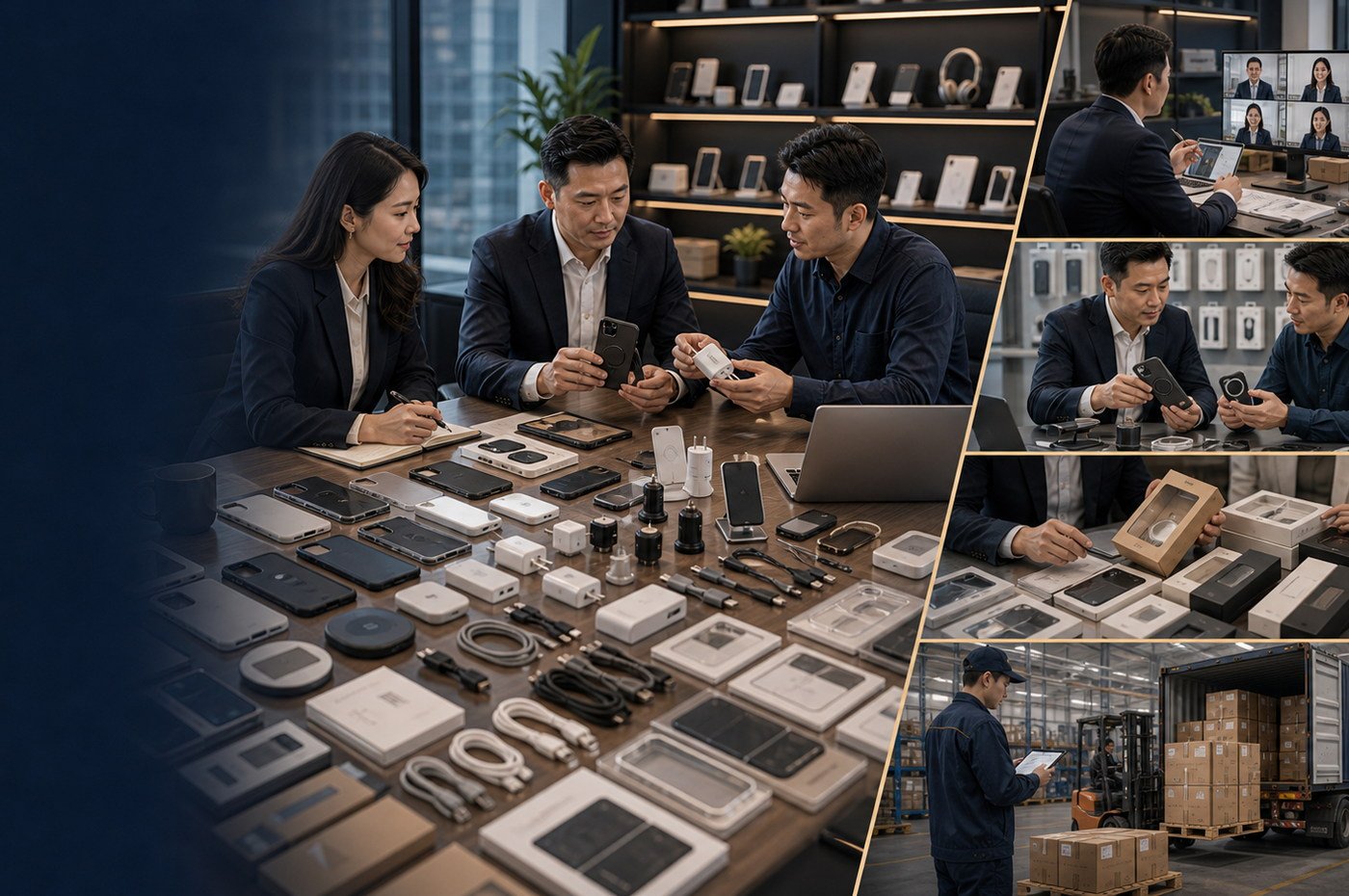 Mobile accessories sourcing overview with phone cases cables chargers and packaging samples