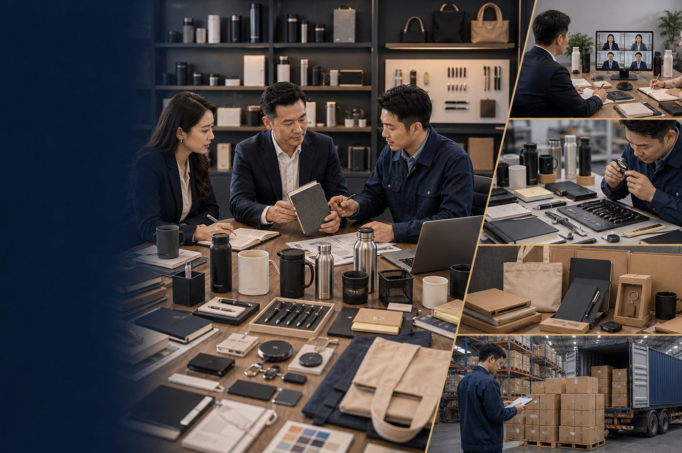 Office and promotional product sourcing overview with stationery, drinkware, bags, and branded sample review