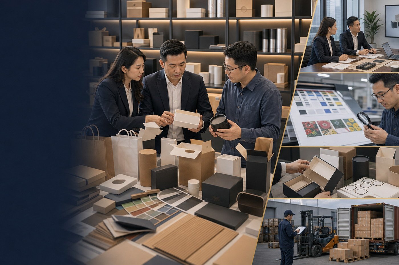 Custom packaging sourcing overview with packaging samples, color references, and supplier comparison notes