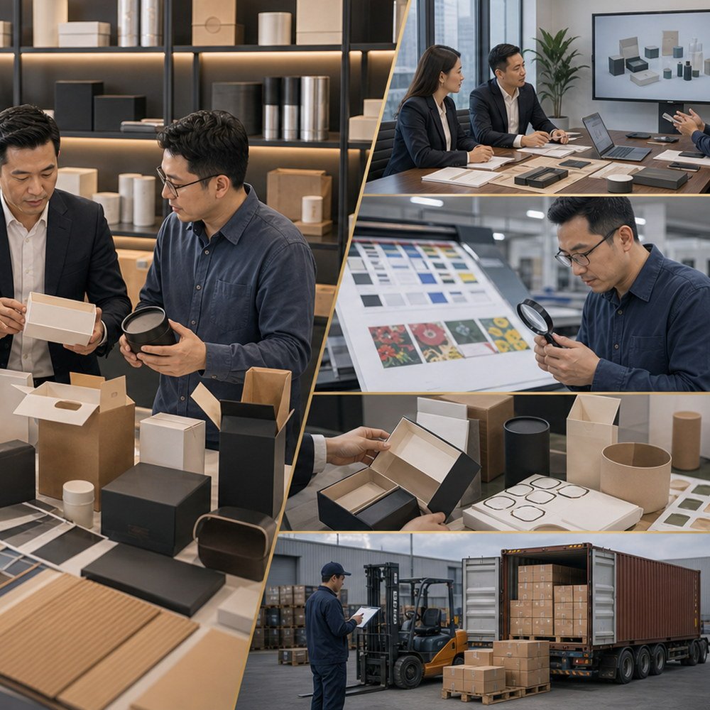 Packaging supplier communication with custom box samples, material swatches, and artwork references