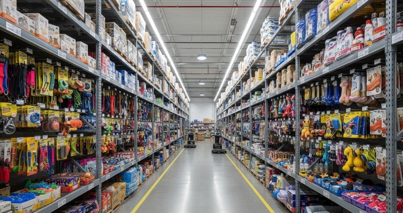 Pet products packaging and shipping preparation with cartons, bowls, carriers, beds, labels, and inspection notes