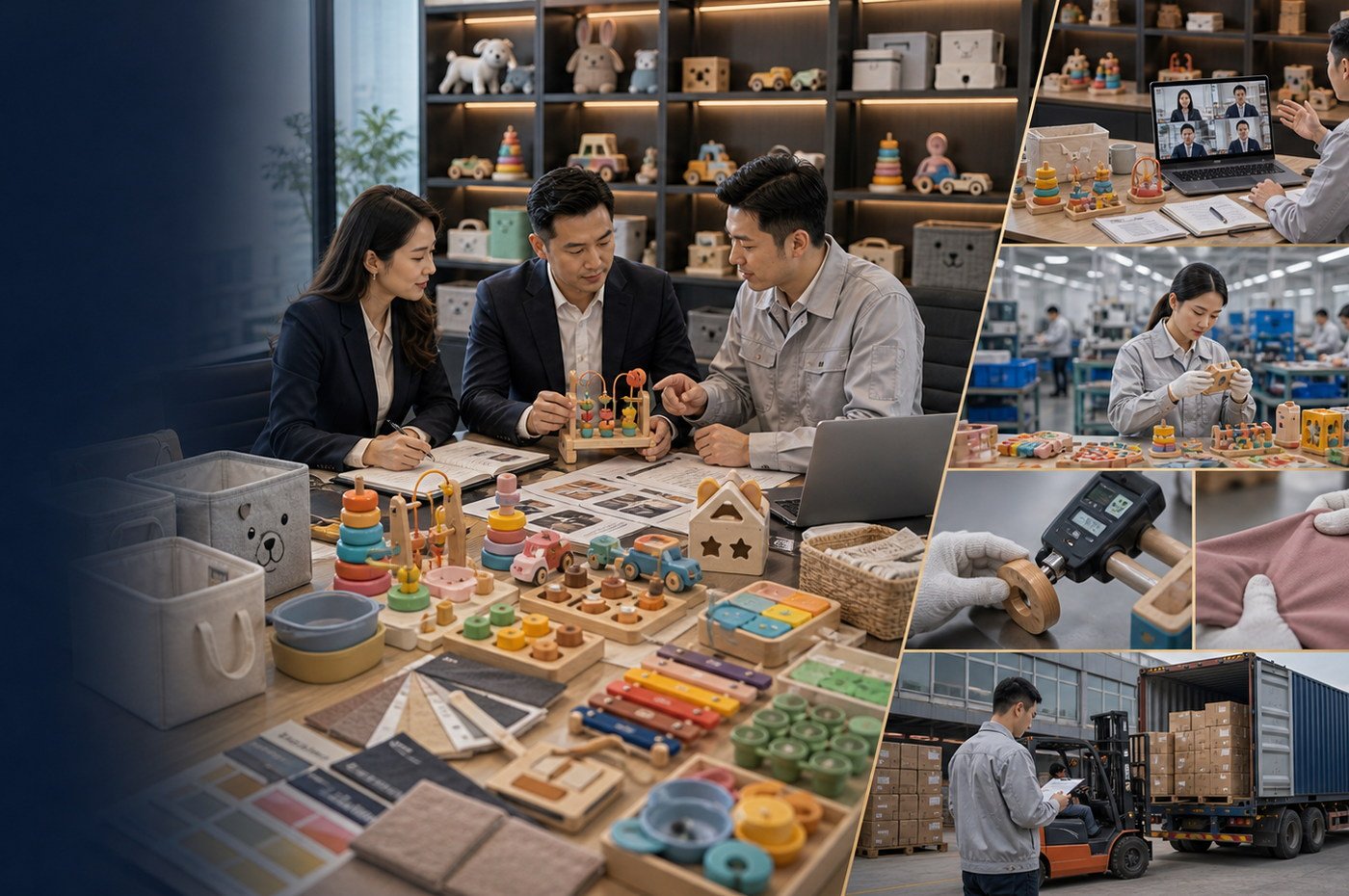 Toys and kids products sourcing overview with wooden toys, plush products, material swatches, packaging, and supplier notes