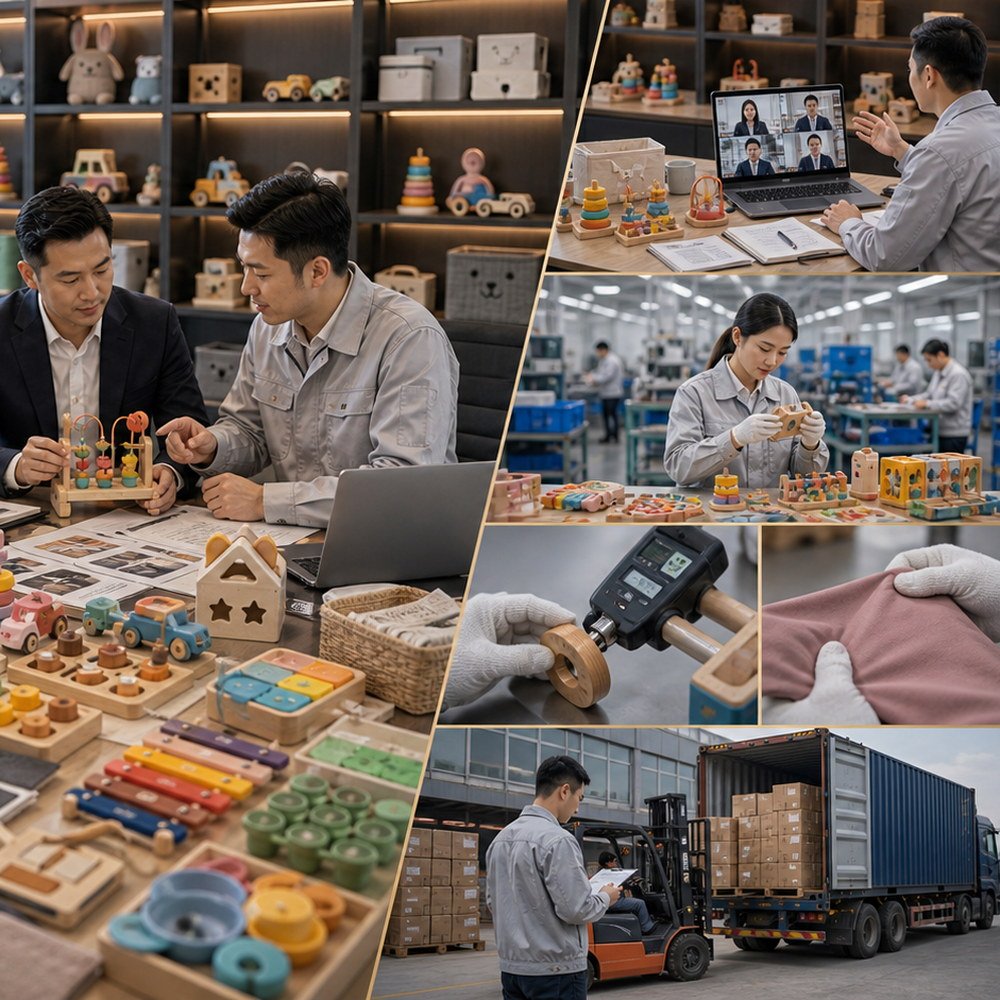Supplier communication for toys and kids products with samples, age range notes, packaging details, and sourcing documents