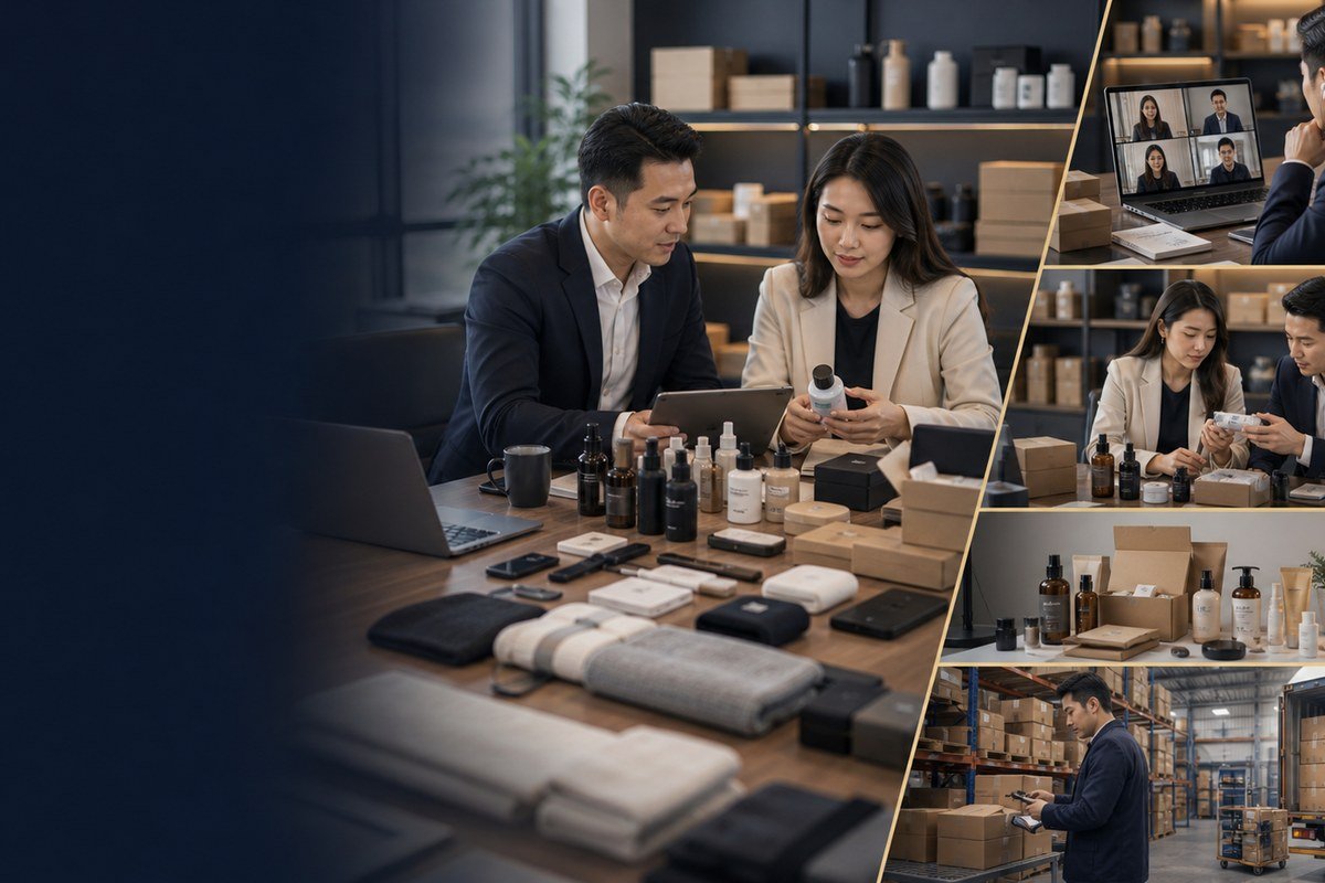 E-commerce sourcing with product selection and packaging review for online sellers