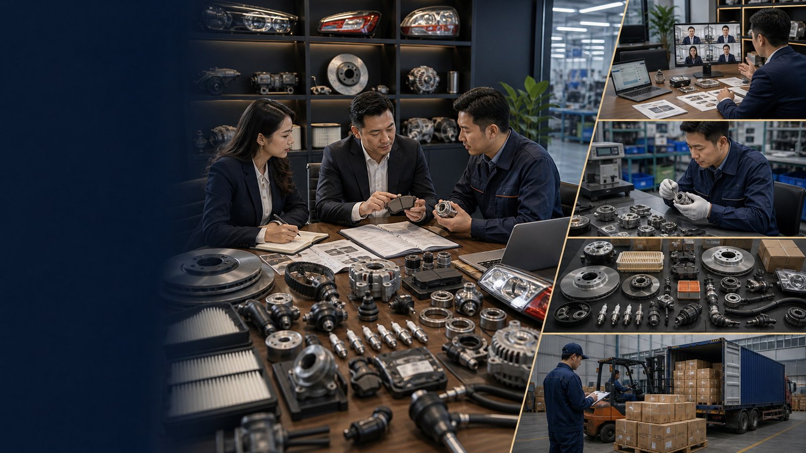 Auto parts sourcing review with brake discs, filters, bearings, sensors, headlights, OE number notes, packaging cartons, and inspection preparation