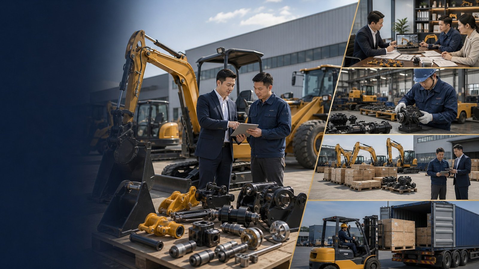 Construction equipment sourcing, inspection, attachments, and loading preparation in China