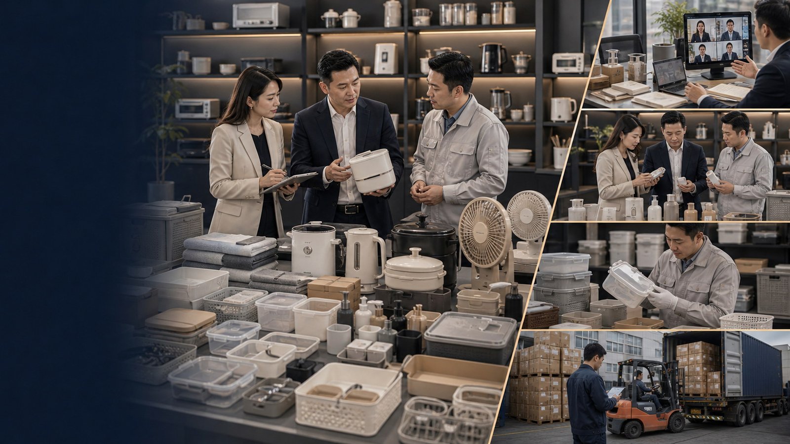 Consumer goods sourcing review with household product samples, supplier discussion, inspection, and loading preparation in China
