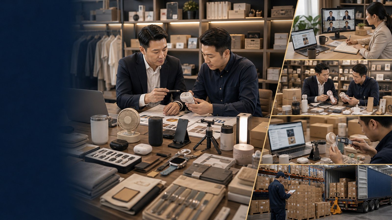 E-commerce product sourcing review with consumer product samples, packaging, supplier comparison notes, quality checks, and warehouse shipment preparation in China
