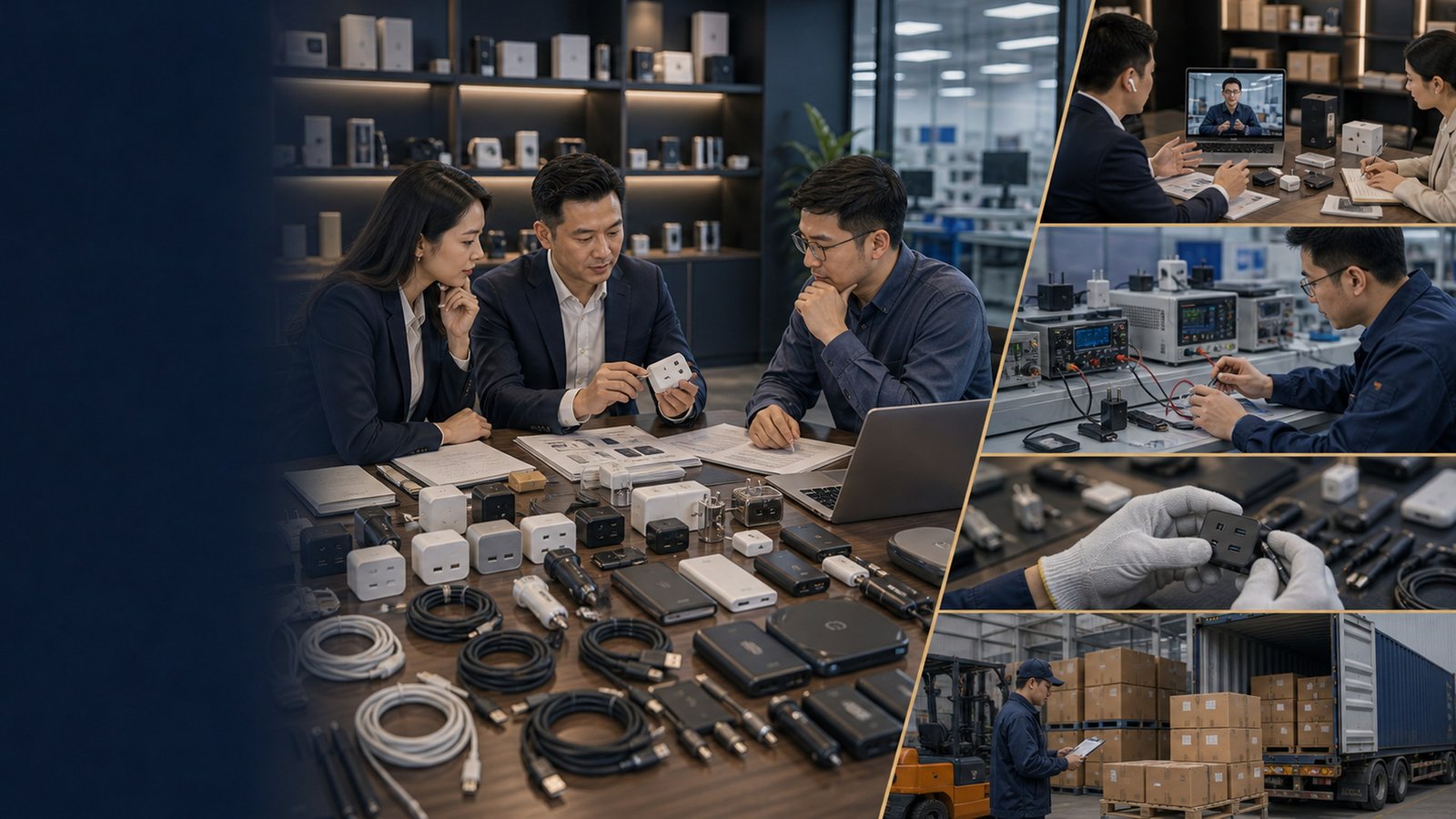 Electronics accessories sourcing review with chargers, cables, testing equipment, supplier communication, and loading preparation in China