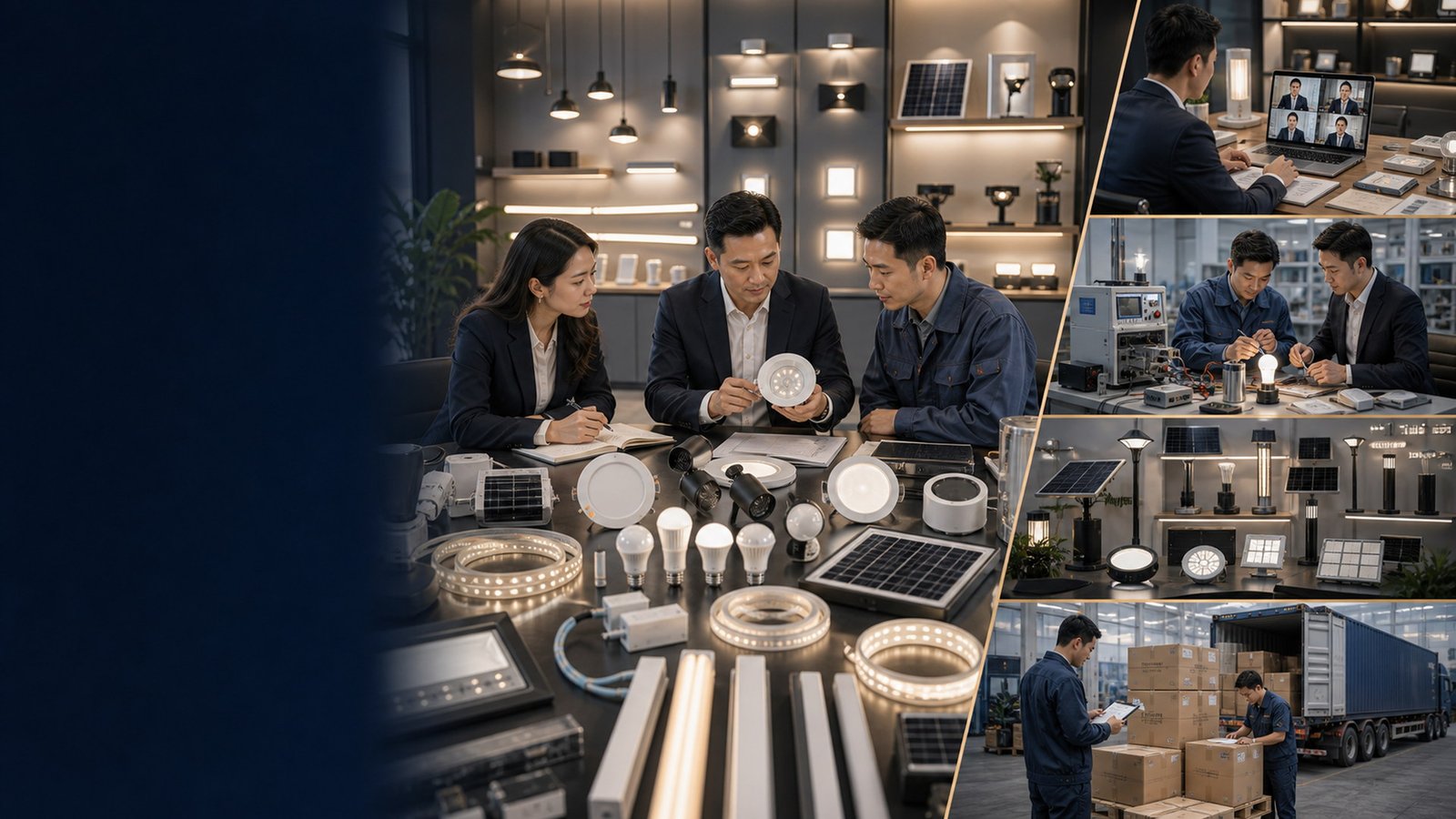 Energy and lighting sourcing review with LED lights, solar lighting samples, drivers, battery notes, testing equipment, packaging cartons, and shipment preparation in China