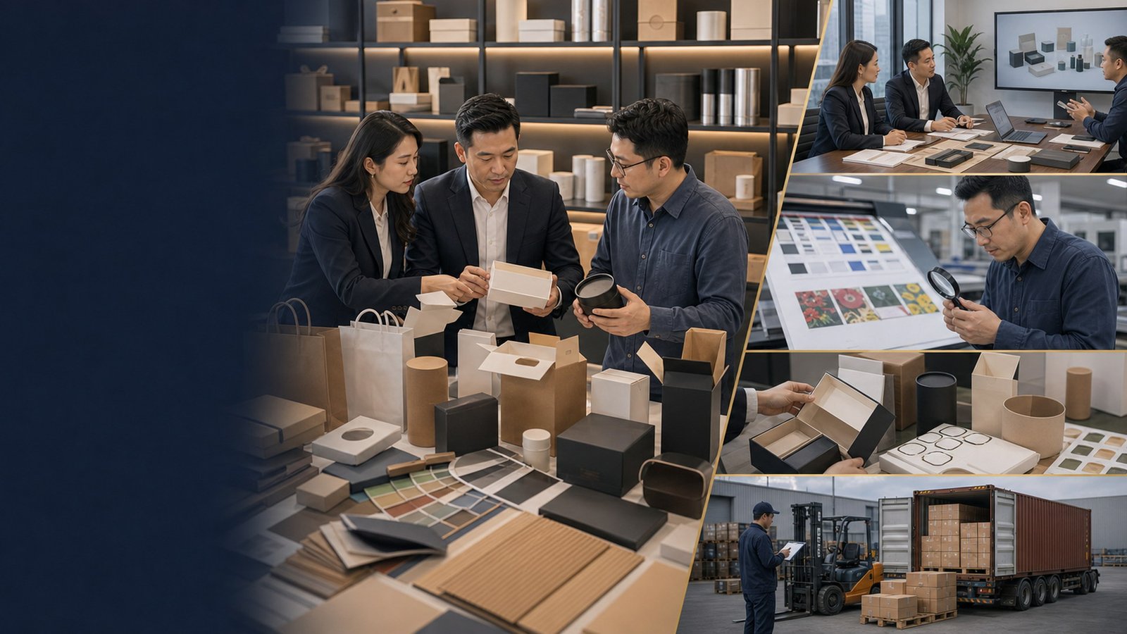 Packaging and printing sourcing review with custom boxes, artwork proofs, material samples, inspection, and loading preparation in China