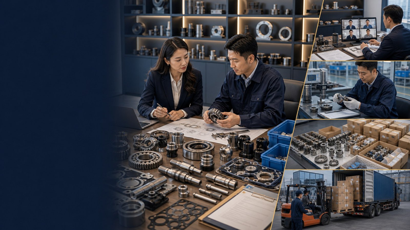 Spare parts sourcing review with component drawings, inspection, packing, and loading preparation in China
