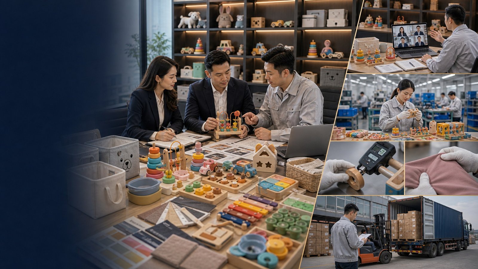 Toys and kids products sourcing review with wooden toys, plush items, kids accessories, material swatches, safety inspection tools, packaging cartons, and shipping preparation