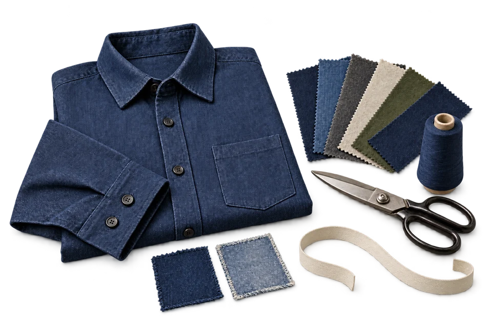 Work shirt, fabric swatches, thread, tailoring shears and cotton seam tape.
