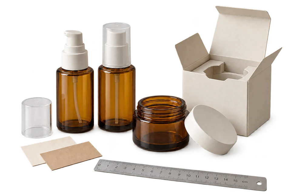 Amber pump bottles, cream jar, packaging insert and material samples.