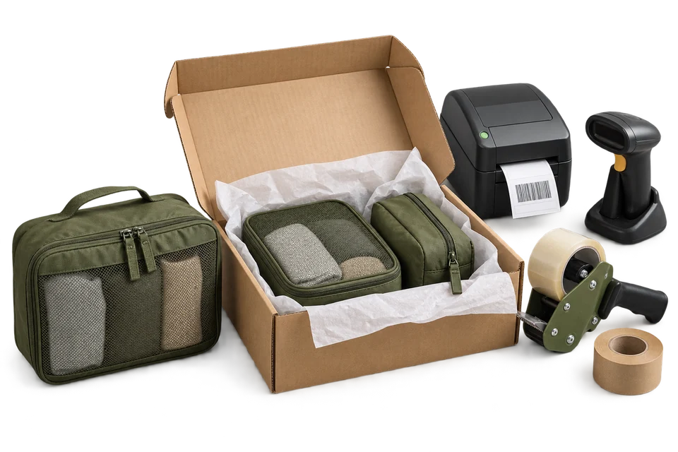 Travel organizers, a fitted shipping carton, label printer and packing tools.